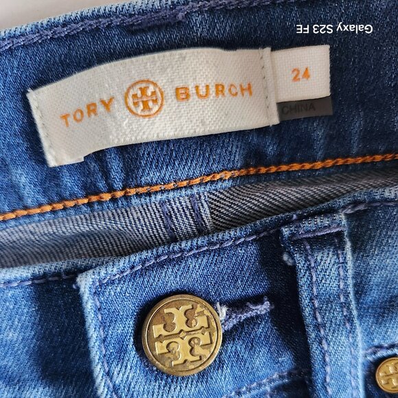 Tory Burch Women’s Size 24 Cropped Kick Flare Jeans Raw Hem Blue Denim - Picture 3 of 6